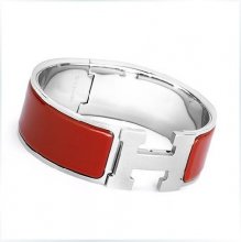 Hermes Red Enamel Clic H Bracelet Narrow Width (18mm) In Silver